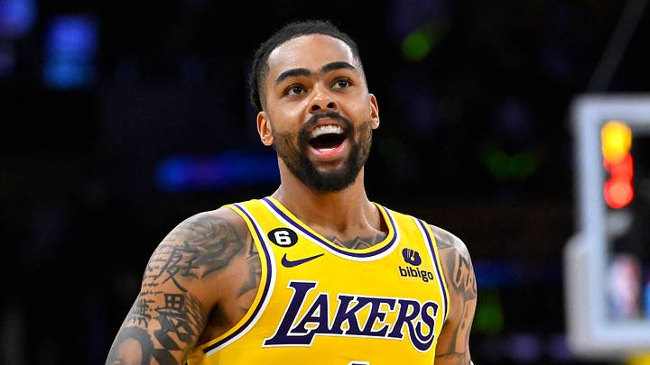 Los Angeles Lakers guard D'Angelo Russell (1) celebrates after a 3-point basket in the second half of game six of the 2023 NBA playoffs against the Memphis Grizzlies at Crypto.com Arena on April 28, 2023. Los Angeles Lakers guard D'Angelo Russell (1) celebrates after a 3-point basket in the second half of game six of the 2023 NBA playoffs against the Memphis Grizzlies at Crypto.com Arena on April 28, 2023.