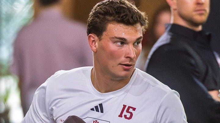 Fernando Mendoza participates in Indiana University's Pro Day at Mellencamp Pavilion on Wednesday, April 1, 2026.