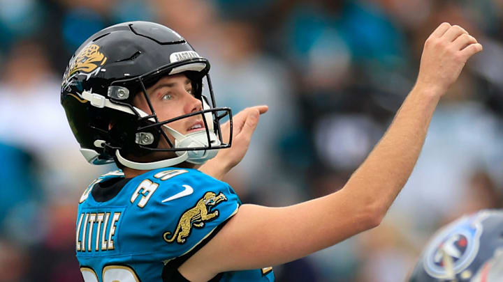 Jacksonville Jaguars place kicker Cam Little (39) follows his point after try during the second quarter of an NFL football matchup at EverBank Stadium, Sunday, Jan. 4, 2026, in Jacksonville, Fla. [Corey Perrine/Florida Times-Union]