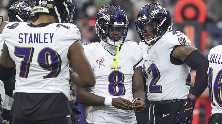 Dec 25, 2024; Houston, Texas, USA; Baltimore Ravens quarterback Lamar Jackson (8) and running back Derrick Henry (22) before a play during the game against the Houston Texans at NRG Stadium. Mandatory Credit: Troy Taormina-Imagn Images Dec 25, 2024; Houston, Texas, USA; Baltimore Ravens quarterback Lamar Jackson (8) and running back Derrick Henry (22) before a play during the game against the Houston Texans at NRG Stadium. Mandatory Credit: Troy Taormina-Imagn Images