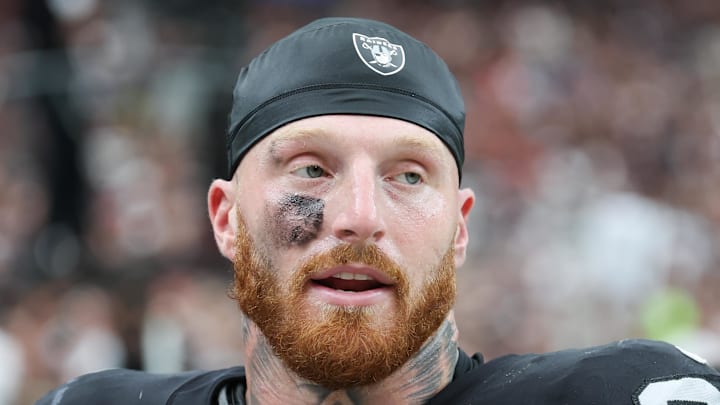 Sep 28, 2025; Paradise, Nevada, USA; Las Vegas Raiders defensive end Maxx Crosby (98) looks on from the sideline during the first quarter against the Chicago Bears at Allegiant Stadium. Mandatory Credit: Kiyoshi Mio-Imagn Images