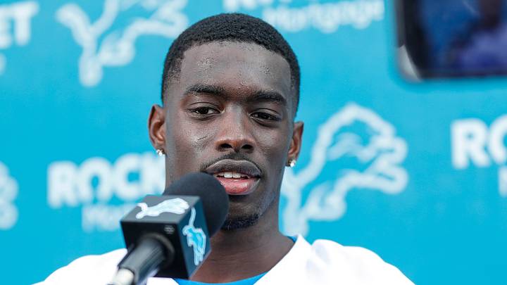 Former Detroit Lions cornerback Terrion Arnold answers a question during rookie minicamp back in 2024