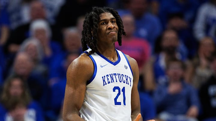 Jan 7, 2026; Lexington, Kentucky, USA; Kentucky Wildcats forward Jayden Quaintance (21) reacts after a play during the second half against the Missouri Tigers at Rupp Arena at Central Bank Center. Mandatory Credit: Jordan Prather-Imagn Images