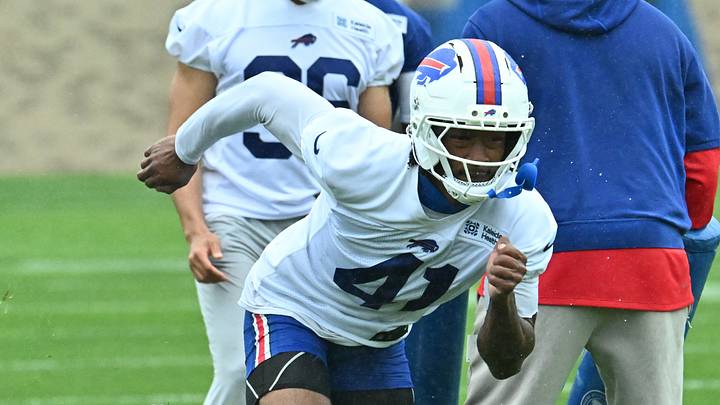 Jul 29, 2026; Rochester, NY, USA; Buffalo Bills defensive back Kani Walker (41) runs a drill during training camp at St. John Fisher University. Mandatory Credit: Mark Konezny-Imagn Images