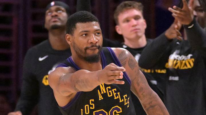 Apr 21, 2026; Los Angeles, California, USA; Los Angeles Lakers bench reacts after a three-point basket by guard Marcus Smart (36) during the second half of game two of the first round of the 2026 NBA Playoffs against the Houston Rockets at Crypto.com Arena. Mandatory Credit: Jayne Kamin-Oncea-Imagn Images