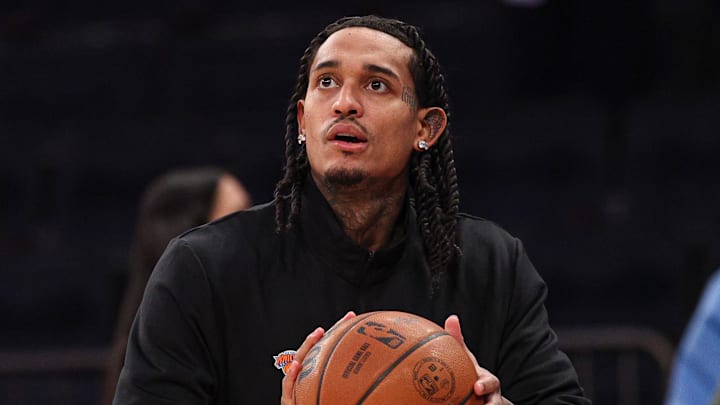 Mar 4, 2026; New York, New York, USA; New York Knicks guard Jordan Clarkson (00) warms up before the game against the Oklahoma City Thunder at Madison Square Garden. Mandatory Credit: Vincent Carchietta-Imagn Images