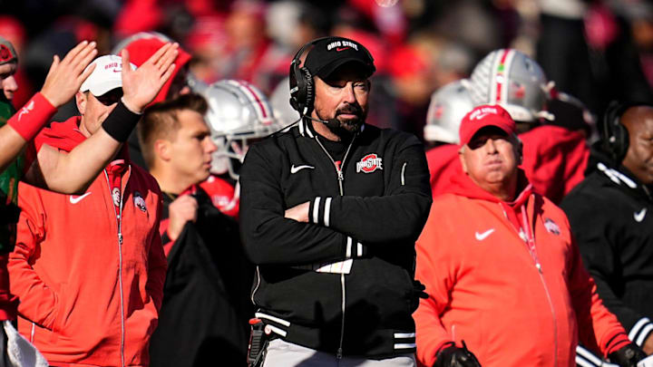 Ohio State Buckeyes head coach Ryan Day watches during the first half of the NCAA football game against the Michigan Wolverines at Ohio Stadium in Columbus on Saturday, Nov. 30, 2024.