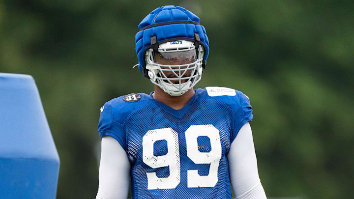 Indianapolis Colts defensive tackle DeForest Buckner (99) works through drills Monday, July 28, 2025, during training camp held at Grand Park in Westfield.