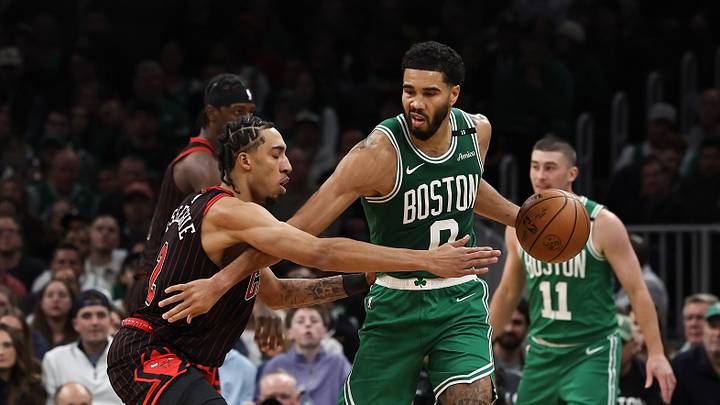 Oct 26, 2026; Boston, Massachusetts, USA; Boston Celtics forward Jayson Tatum (0) tries to hold off Chicago Bulls forward Noa Essengue (2) during the second quarter at TD Garden. Mandatory Credit: Winslow Townson-Imagn Images Oct 26, 2026; Boston, Massachusetts, USA; Boston Celtics forward Jayson Tatum (0) tries to hold off Chicago Bulls forward Noa Essengue (2) during the second quarter at TD Garden. Mandatory Credit: Winslow Townson-Imagn Images