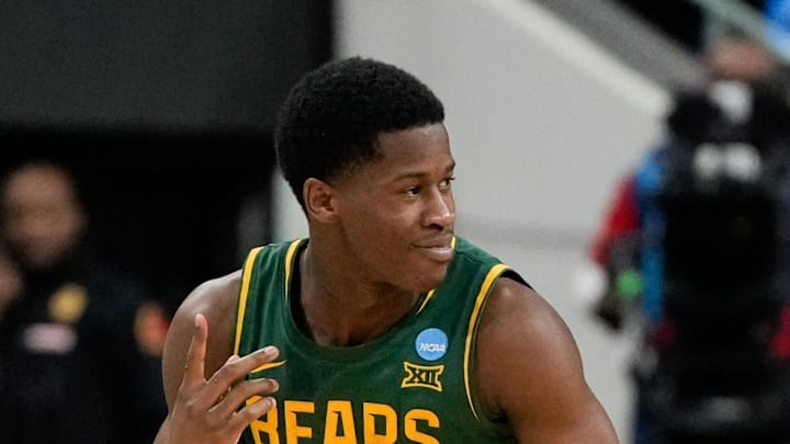 Mar 21, 2025; Raleigh, NC, USA; Baylor Bears guard VJ Edgecombe (7) celebrates during the second half against the Mississippi State Bulldogs in the first round of the NCAA Tournament at Lenovo Center. Mandatory Credit: Bob Donnan-Imagn Images