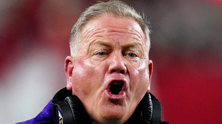 Nov 4, 2023; Tuscaloosa, Alabama, USA; LSU Tigers head coach Brian Kelly yells from the sideline during a game.