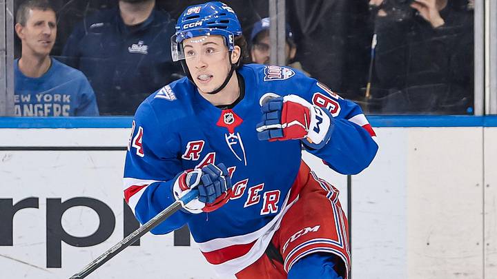 Apr 5, 2026; New York, New York, USA; New York Rangers right wing Gabe Perreault (94) skates against the Washington Capitals during the first period at Madison Square Garden. Apr 5, 2026; New York, New York, USA; New York Rangers right wing Gabe Perreault (94) skates against the Washington Capitals during the first period at Madison Square Garden.