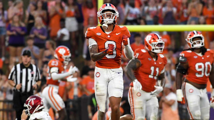 Clemson Tigers cornerback Avieon Terrell (8) celebrates after stopping a fake punt attempt by Troy Trojans 