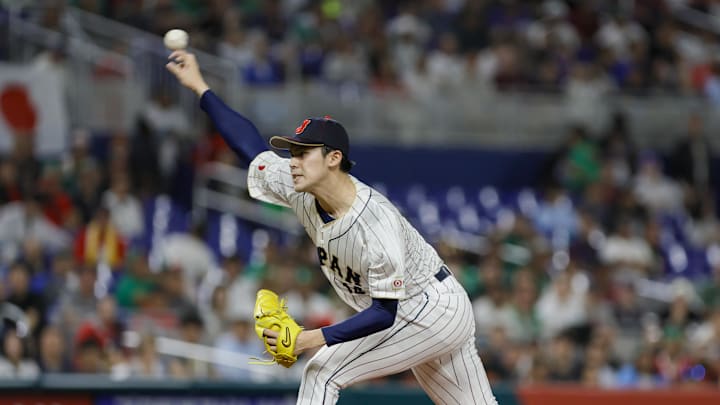 Roki Sasaki pitches during Japan's 6–5 win over Mexico on March 20, 2023.