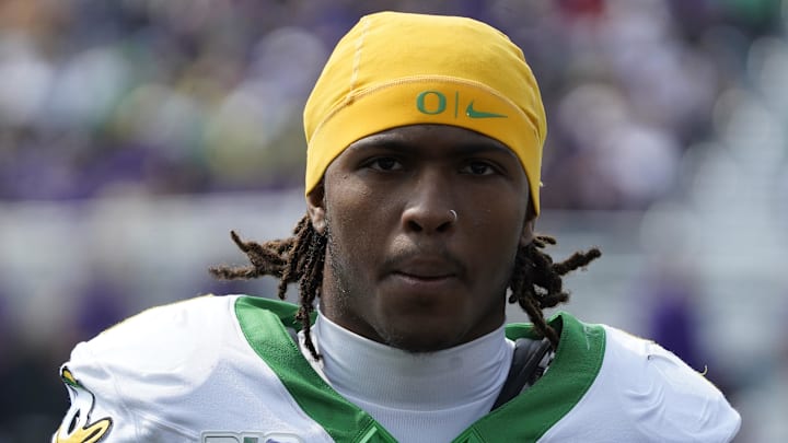 Sep 13, 2025; Evanston, Illinois, USA; Headshot of Oregon Ducks wide receiver Dakorien Moore (1)  against the Northwestern Wildcats during the second half at Northwestern Medicine Field at Martin Stadium. Mandatory Credit: David Banks-Imagn Images