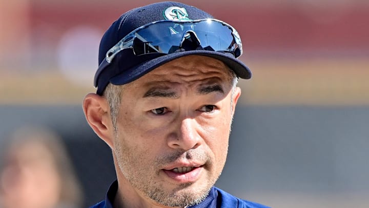 Former Seattle Mariners player Ichiro Suzuki looks on during a Spring Training workout at Peoria Sports Complex in 2024.