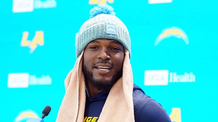 Apr 27, 2026; El Segundo, CA, USA; Los Angeles Chargers linebacker Denzel Perryman speaks at press conference at The Bolt. Mandatory Credit: Kirby Lee-Imagn Images