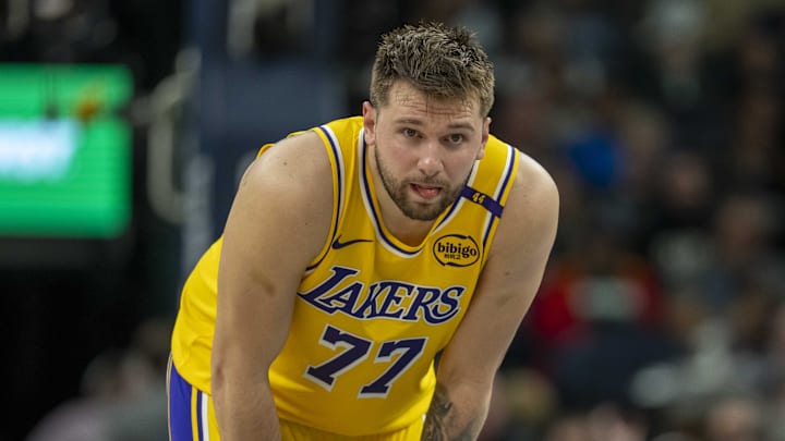 Apr 25, 2025; Minneapolis, Minnesota, USA; Los Angeles Lakers guard Luka Doncic (77) looks on against the Minnesota Timberwolves in the first half during game three of first round for the 2024 NBA Playoffs at Target Center. Mandatory Credit: Jesse Johnson-Imagn Images