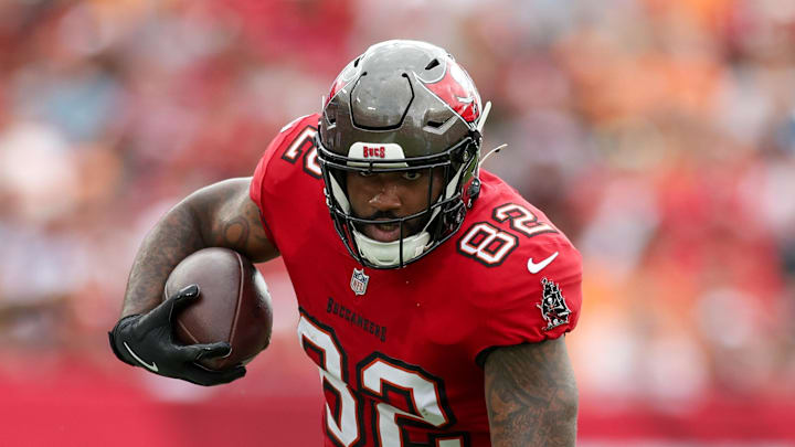 Dec 29, 2024; Tampa, Florida, USA; Tampa Bay Buccaneers tight end Devin Culp (82) runs with the ball against the Carolina Panthers in the first quarter at Raymond James Stadium. Mandatory Credit: Nathan Ray Seebeck-Imagn Images