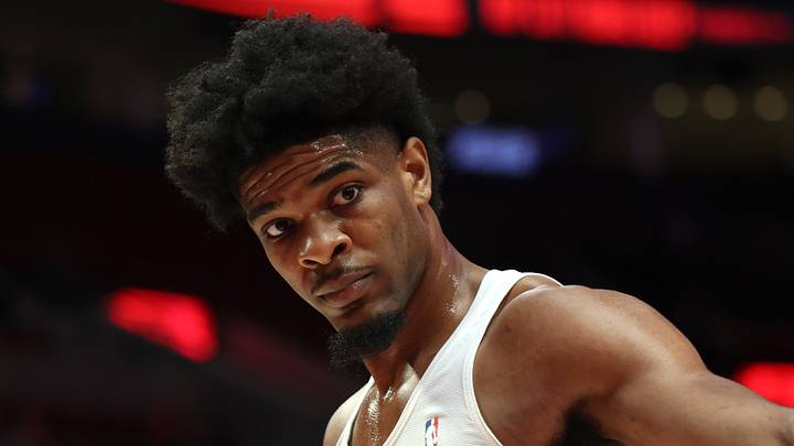 Apr 24, 2026; Portland, Oregon, USA; Portland Trail Blazers guard Scoot Henderson (00) looks towards a staff member during warm ups before playing against the San Antonio Spurs in game three of the first round of the 2026 NBA Playoffs at Moda Center. Mandatory Credit: Jaime Valdez-Imagn Images