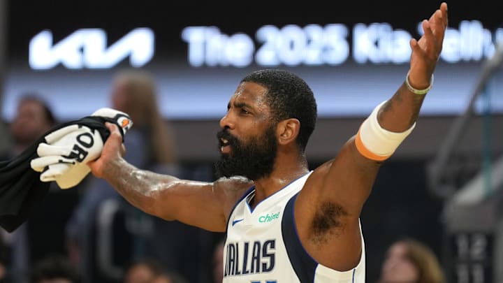 Dec 15, 2024; San Francisco, California, USA; Dallas Mavericks guard Kyrie Irving (11) reacts during the fourth quarter against the Golden State Warriors at Chase Center. Mandatory Credit: Darren Yamashita-Imagn Images