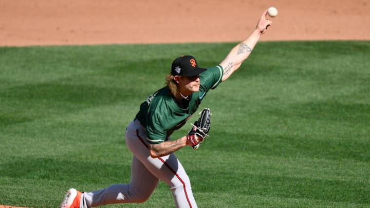 Jul 8, 2023; Seattle, Washington, USA; National League Futures relief pitcher Carson Whisenhunt (18) of the San Francisco Giants pitches to the American League during the third inning of the All Star-Futures game at T-Mobile Park. 
