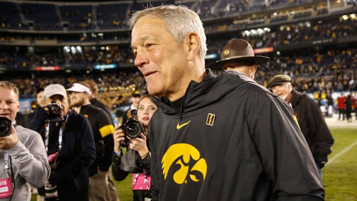 Iowa head football coach Kirk Ferentz celebrates a Holiday Bowl game win over USC on Friday, Dec. 27, 2019, at the SDCCU Stadium in San Diego, Calif. Iowa head football coach Kirk Ferentz celebrates a Holiday Bowl game win over USC on Friday, Dec. 27, 2019, at the SDCCU Stadium in San Diego, Calif.