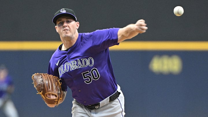 Sep 7, 2024; Milwaukee, Wisconsin, USA; Colorado Rockies pitcher Ty Blach (50) delivers a pitch against the Milwaukee Brewers in the first inning at American Family Field. Mandatory Credit: Michael McLoone-Imagn Images