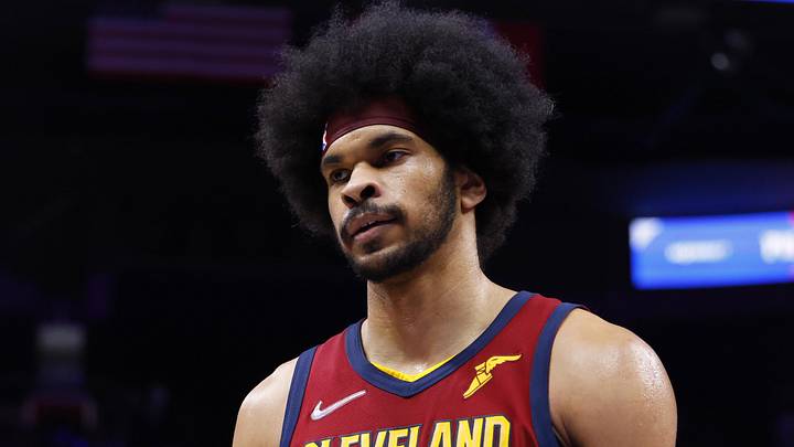 Feb 24, 2022; Detroit, Michigan, USA;  Cleveland Cavaliers center Jarrett Allen (31) reacts after the game against the Detroit Pistons at Little Caesars Arena. Mandatory Credit: Rick Osentoski-Imagn Images
