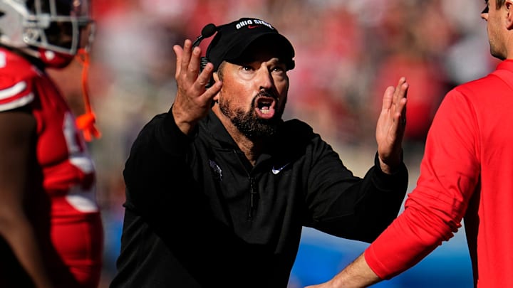 Ohio State Buckeyes head coach Ryan Day reacts to a targeting call on linebacker Arvell Reese during the second half of the NCAA football game against the Nebraska Cornhuskers at Ohio Stadium in Columbus on Saturday, Oct. 26, 2024. Ohio State won 21-17.