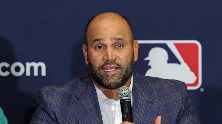 Dec 8, 2025; Orlando, FL, USA; Former Dominican Republic baseball player and manager Albert Pujols speaks with the media during the 2025 MLB Winter Meetings at Signia by Hilton Hotel. Mandatory Credit: Mike Watters-Imagn Images