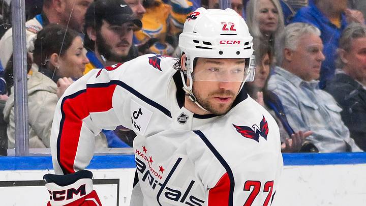 Mar 24, 2026; St. Louis, Missouri, USA; Washington Capitals left wing Brandon Duhaime (22) controls the puck against the St. Louis Blues during the third period at Enterprise Center. Mandatory Credit: Jeff Curry-Imagn Images