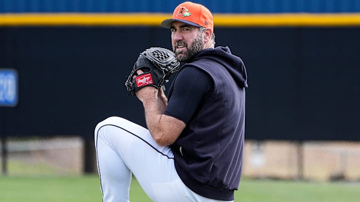 Detroit Tigers pitcher Justin Verlander practices during spring training at TigerTown in Lakeland, Fla. on Tuesday, Feb. 17, 2026.