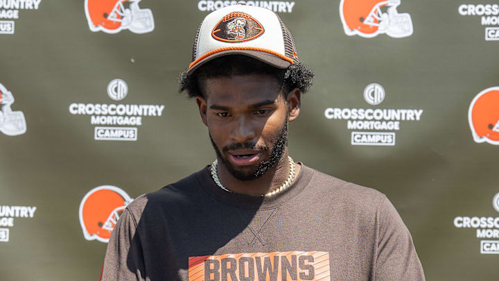 May 10, 2025; Berea, OH, USA; Cleveland Browns quarterback Shedeur Sanders (12) talks to the media during rookie minicamp at CrossCountry Mortgage Campus. Mandatory Credit: Ken Blaze-Imagn Images