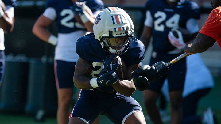 Auburn Tigers running back Omar Mabson II (29) runs drills during practice at Woltosz Football Performance Center in Auburn, Ala. on Thursday, April 16, 2026. Auburn Tigers running back Omar Mabson II (29) runs drills during practice at Woltosz Football Performance Center in Auburn, Ala. on Thursday, April 16, 2026.