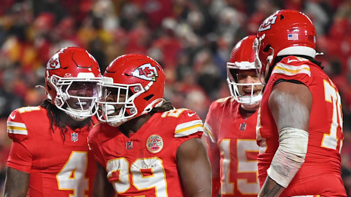 Dec 7, 2025; Kansas City, Missouri, USA; Kansas City Chiefs wide receiver Rashee Rice (4) and Kansas City Chiefs running back Kareem Hunt (29) celebrate after a touchdown during the third quarter against the Houston Texans at GEHA Field at Arrowhead Stadium. Mandatory Credit: Amy Kontras-Imagn Images