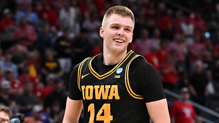 Mar 26, 2026; Houston, TX, USA;Iowa Hawkeyes guard Bennett Stirtz (14) reacts after beating the Nebraska Cornhuskers during a Sweet Sixteen game of the South Regional of the men's 2026 NCAA Tournament at Toyota Center. Mandatory Credit: Maria Lysaker-Imagn Images