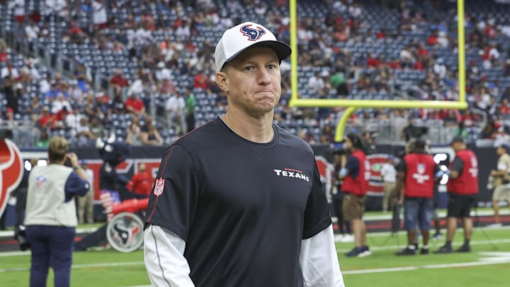 Aug 24, 2024; Houston, Texas, USA; Houston Texans offensive coordinator Bobby Slowik walks on the field before the game against the Los Angeles Rams at NRG Stadium. Mandatory Credit: Troy Taormina-Imagn Images
