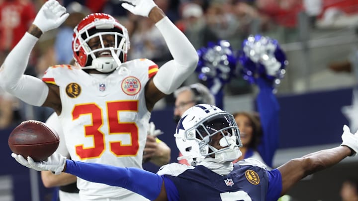Nov 27, 2025; Arlington, Texas, USA; Dallas Cowboys wide receiver George Pickens (3) celebrates after catching a pass for a successful two-point conversion against Kansas City Chiefs cornerback Jaylen Watson (35) during the fourth quarter at AT&T Stadium. Mandatory Credit: Kevin Jairaj-Imagn Images Nov 27, 2025; Arlington, Texas, USA; Dallas Cowboys wide receiver George Pickens (3) celebrates after catching a pass for a successful two-point conversion against Kansas City Chiefs cornerback Jaylen Watson (35) during the fourth quarter at AT&T Stadium. Mandatory Credit: Kevin Jairaj-Imagn Images
