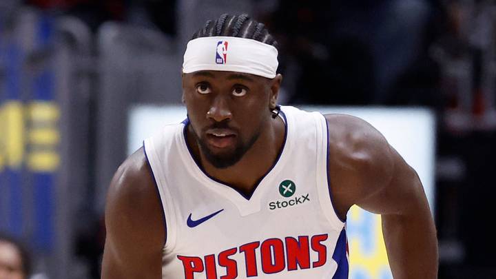 Detroit Pistons guard Caris LeVert (8) celebrates a three-point basket in the first half against the Cleveland Cavaliers during game two of the second round of the 2026 NBA Playoffs at Little Caesars Arena on May 7, 2026.