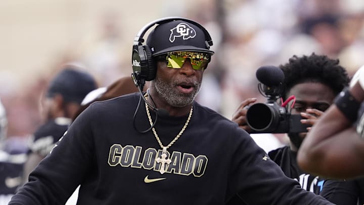 Sep 6, 2025; Boulder, Colorado, USA; Colorado Buffaloes head coach Deion Sanders during the second half against the Delaware Fightin Blue Hens at Folsom Field. Mandatory Credit: Ron Chenoy-Imagn Images Sep 6, 2025; Boulder, Colorado, USA; Colorado Buffaloes head coach Deion Sanders during the second half against the Delaware Fightin Blue Hens at Folsom Field. Mandatory Credit: Ron Chenoy-Imagn Images