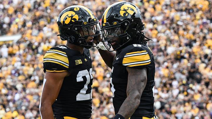 Sep 19, 2026; Iowa City, Iowa, USA; Iowa Hawkeyes running back Braeden Jackson (22) and running back Nathan McNeil (5) react after a touchdown by McNeil against the UNI Panthers during the first quarter at Kinnick Stadium. Mandatory Credit: Jeffrey Becker-Imagn Images Sep 19, 2026; Iowa City, Iowa, USA; Iowa Hawkeyes running back Braeden Jackson (22) and running back Nathan McNeil (5) react after a touchdown by McNeil against the UNI Panthers during the first quarter at Kinnick Stadium. Mandatory Credit: Jeffrey Becker-Imagn Images