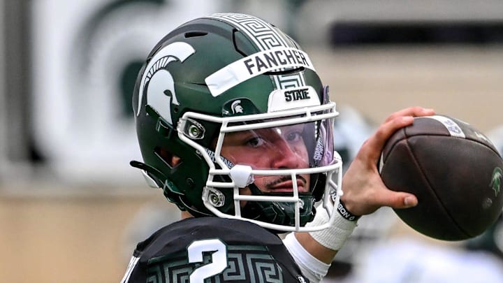 Michigan State's Cam Fancher warms up during the football Spring Showcase on Saturday, April 18, 2026, at Spartan Stadium in East Lansing.