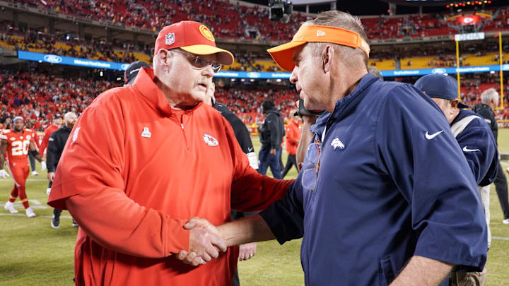 Oct 12, 2023; Kansas City, Missouri, USA; Kansas City Chiefs head coach Andy Reid shakes hands with Denver Broncos head coach Sean Payton after the game at GEHA Field at Arrowhead Stadium. Mandatory Credit: Denny Medley-Imagn Images