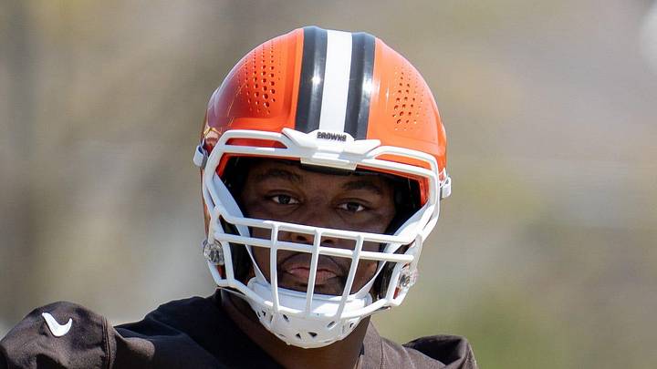 Zion Johnson waits to run a drill at the Browns mini camp in Berea on April 21, 2026.