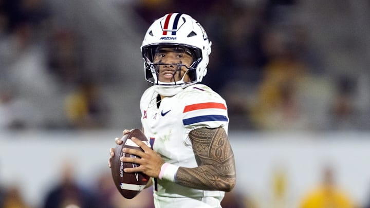 Nov 28, 2025; Tempe, Arizona, USA; Arizona Wildcats quarterback Noah Fifita (1) against the Arizona State Sun Devils during the 99th Territorial Cup at Mountain America Stadium. Mandatory Credit: Mark J. Rebilas-Imagn Images