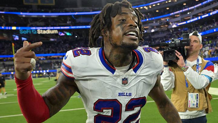 Buffalo Bills safety C.J. Gardner-Johnson celebrates after the game against the Los Angeles Rams at SoFi Stadium.
