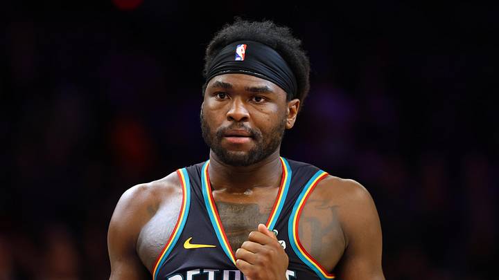 Jan 29, 2026; Phoenix, Arizona, USA; Detroit Pistons forward Isaiah Stewart (28) against the Phoenix Suns at Mortgage Matchup Center. Mandatory Credit: Mark J. Rebilas-Imagn Images