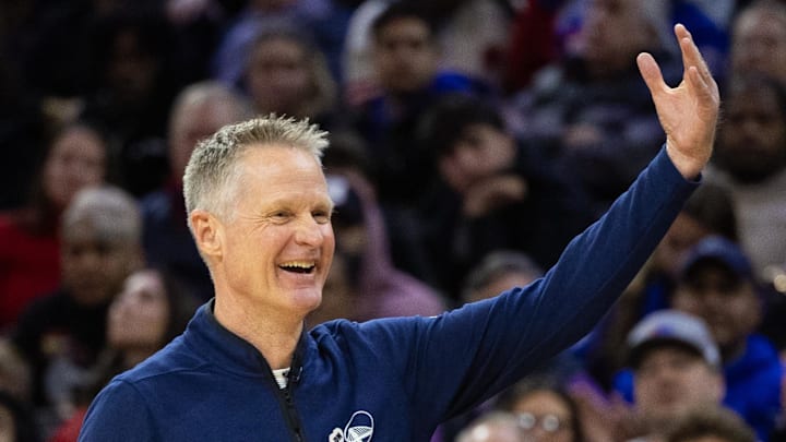 Feb 7, 2024; Philadelphia, Pennsylvania, USA; Golden State Warriors head coach Steve Kerr reacts after a score against the Philadelphia 76ers during the third quarter at Wells Fargo Center. Mandatory Credit: Bill Streicher-Imagn Images Feb 7, 2024; Philadelphia, Pennsylvania, USA; Golden State Warriors head coach Steve Kerr reacts after a score against the Philadelphia 76ers during the third quarter at Wells Fargo Center. Mandatory Credit: Bill Streicher-Imagn Images