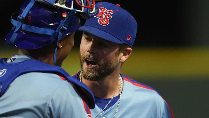 Knoxville Smokies catcher Pablo Aliendo (1) and pitcher Zac Leigh (33) celebrate after closing out an inning during a Double-A minor league baseball game against the Birmingham Barons on May 29, 2025, in Knoxville, Tenn.